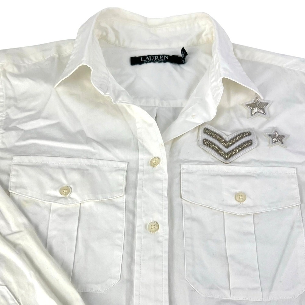 Lauren Ralph Lauren Womens XS Button Down Shirt White Military Beaded Star Patch